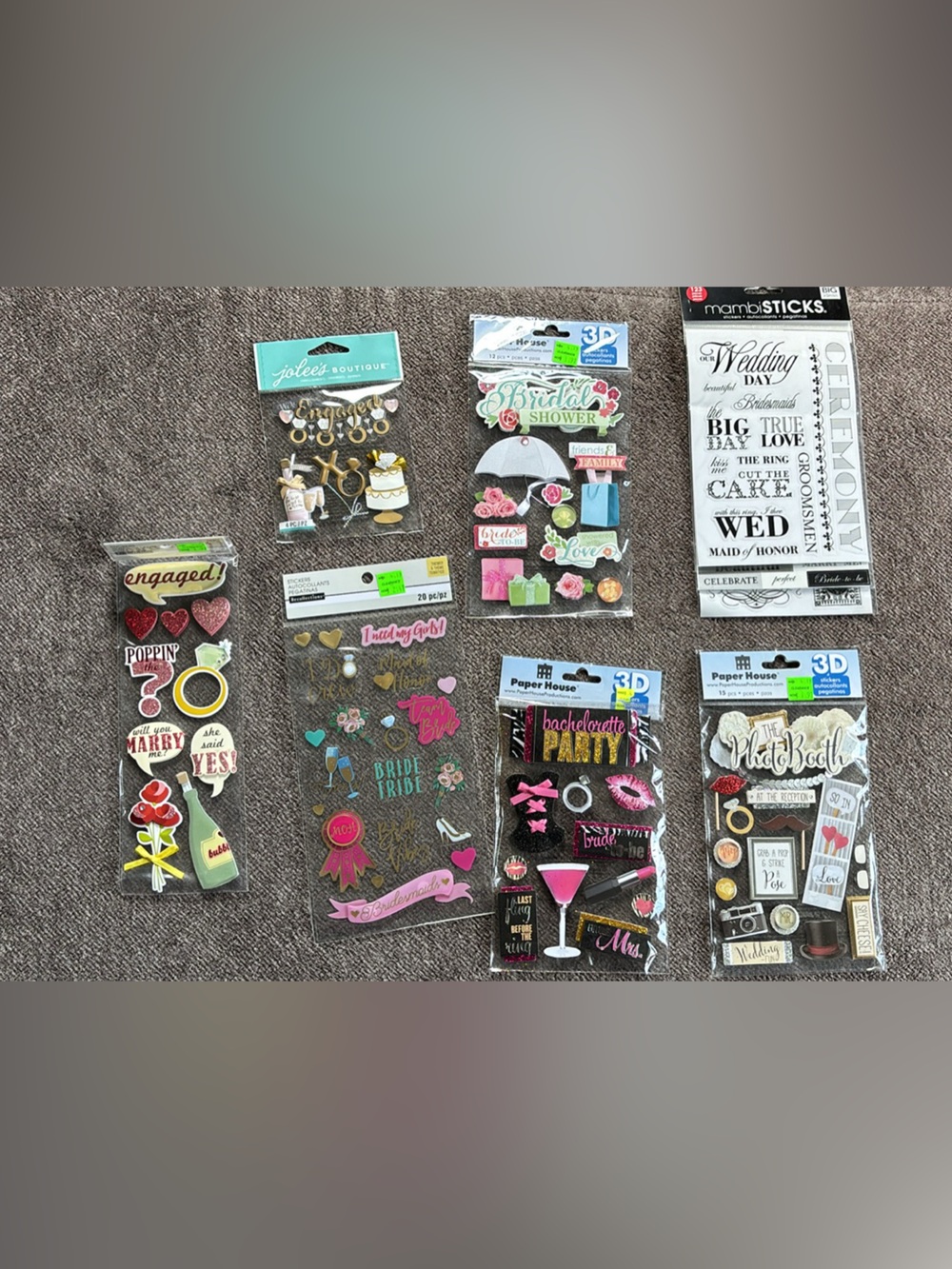 Assorted Engagement/WeddingDecorative 3D Sticker Pack - Pink, Gold, Black, White